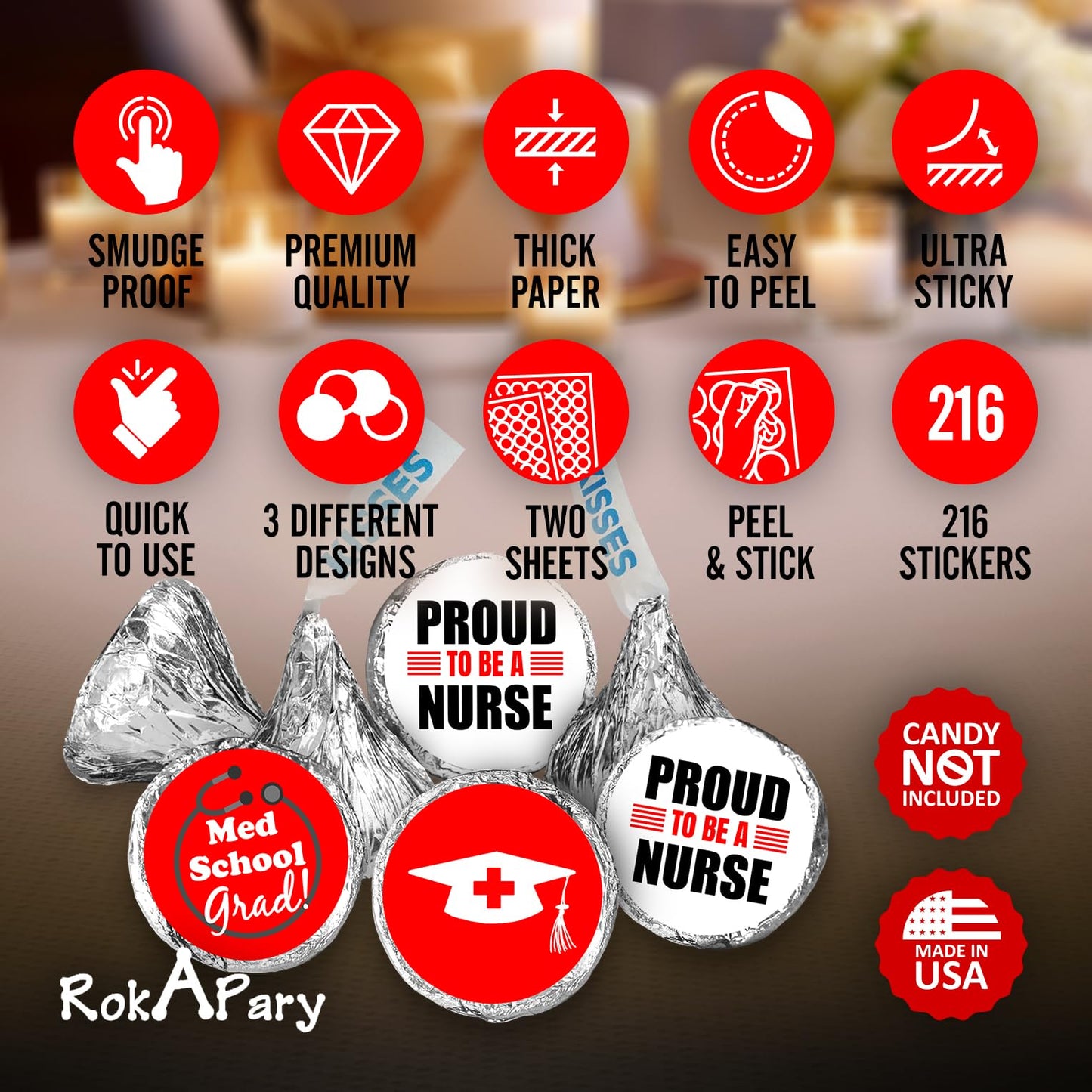 216 Nurse Graduation Party Kisses Stickers Labels, RN LPN LVN NP Nursing Medical School Grad Party Decorations. Candy NOT Included. Made in USA