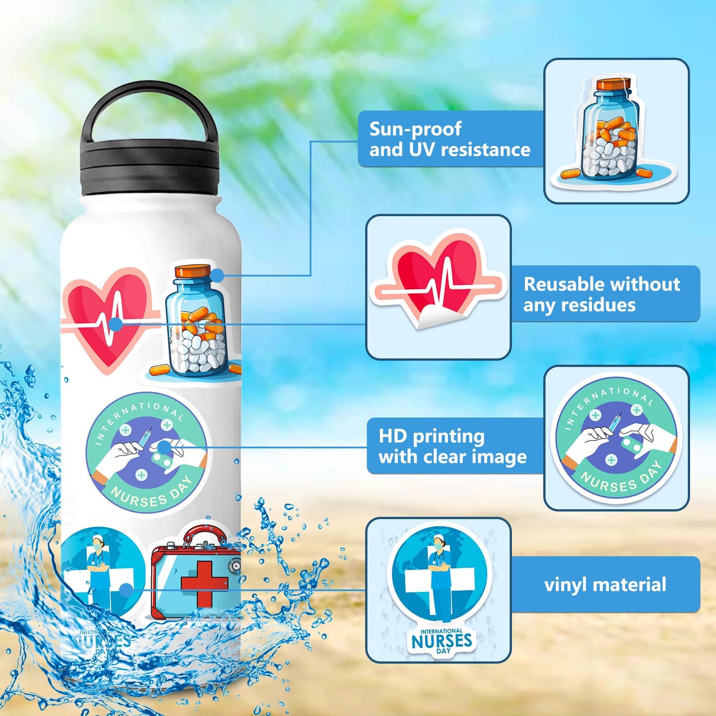 Nurses Day Stickers Nurses Day Label Stickers for Water Bottles Nurses' Day Theme Decals Waterproof Stickers Cards Envelopes Seals Cookies Box and Gifts Wrapping Decoration Nurse