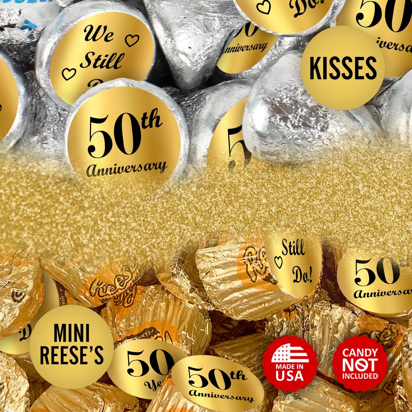 Gold Foil 50th Anniversary Kisses Stickers, (Set of 216) Chocolate Drops Labels Stickers for 50th Wedding Anniversary, Party Favors Decor for Kisses. Made in USA