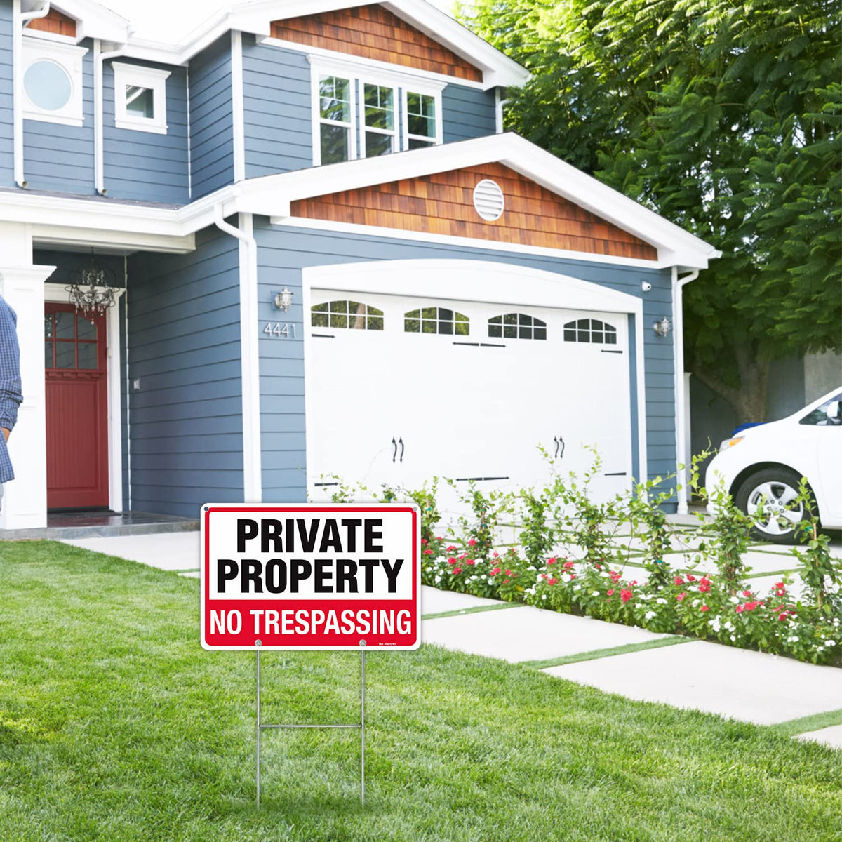 T&R No Trespassing Sign Private Property Sign with H Stake for Outside,3 Pack,12"x8" .040 Rust Free Heavy Aluminum, Waterproof,Includes Matching Screws & Wrench, Easy to Mount 3-Pack