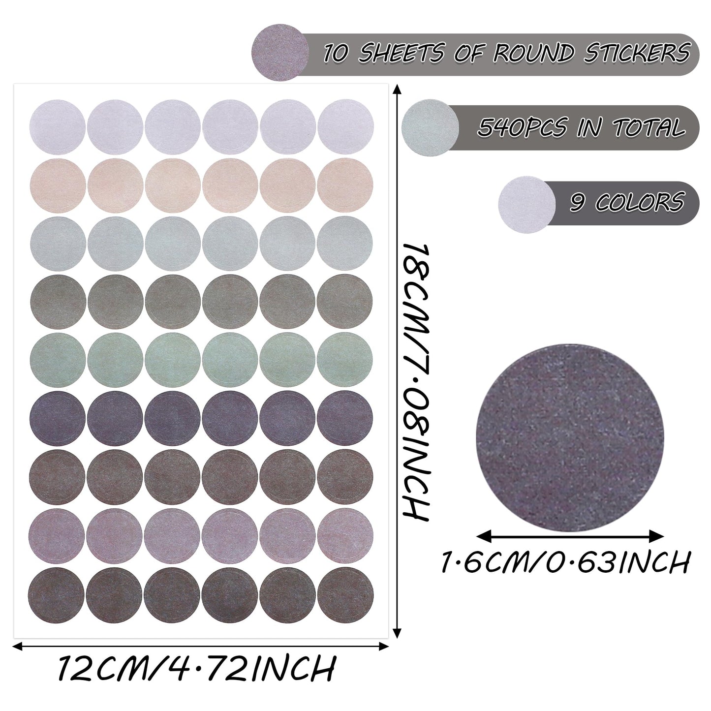 10 Sheets (540pcs) Colorful Dots Labels Stickers 0.63'' DIY Circle Round Labels for Organizing Calendar Planner Jars Clothes Craft Show Boxes-9 Colors