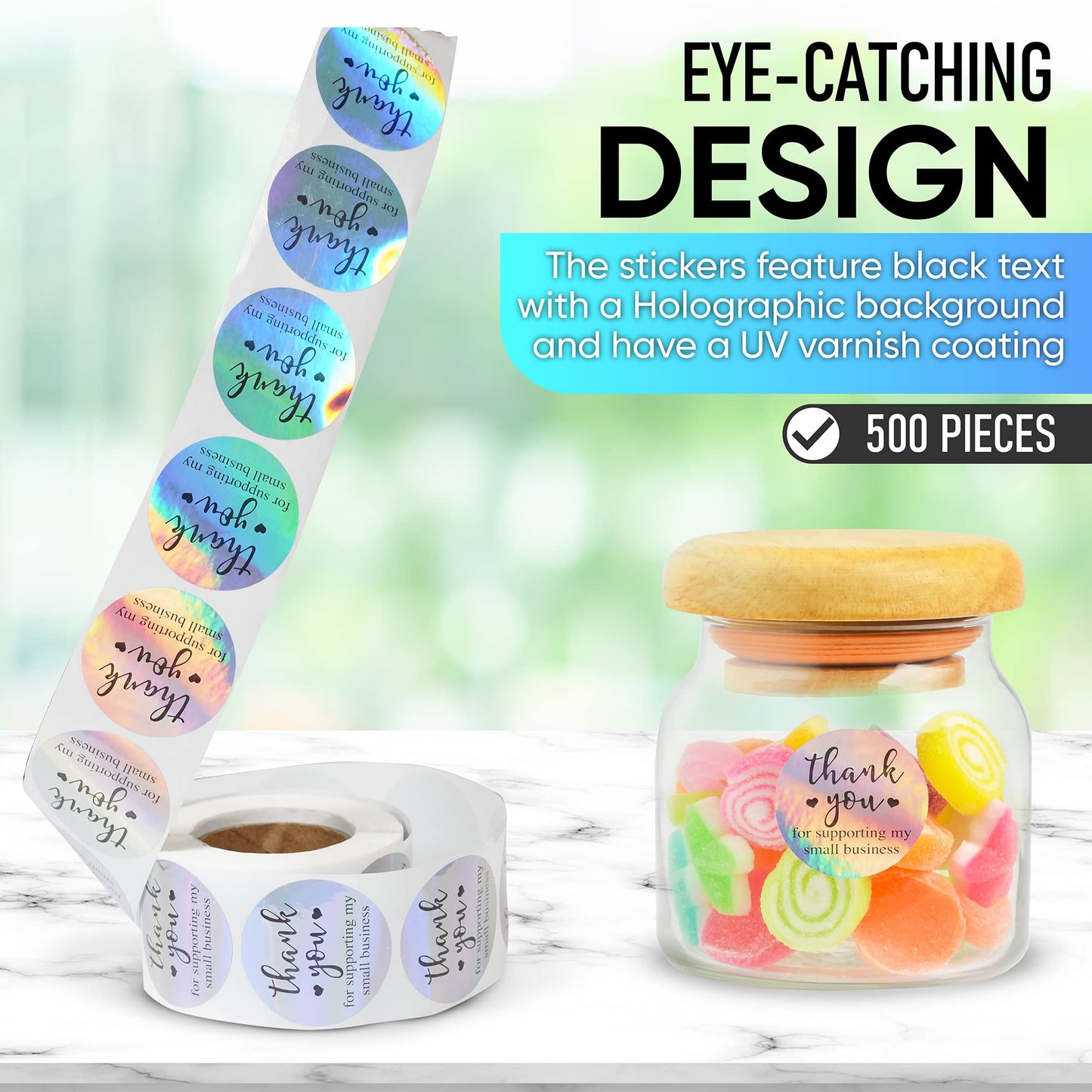 500 PCS Holographic Thank You for Supporting My Small Business Stickers – 1.5 Inch Round Self-Adhesive Waterproof Labels – Eye-Catching Packaging Seals for Orders, Gift Bags, Boxes & Envelopes