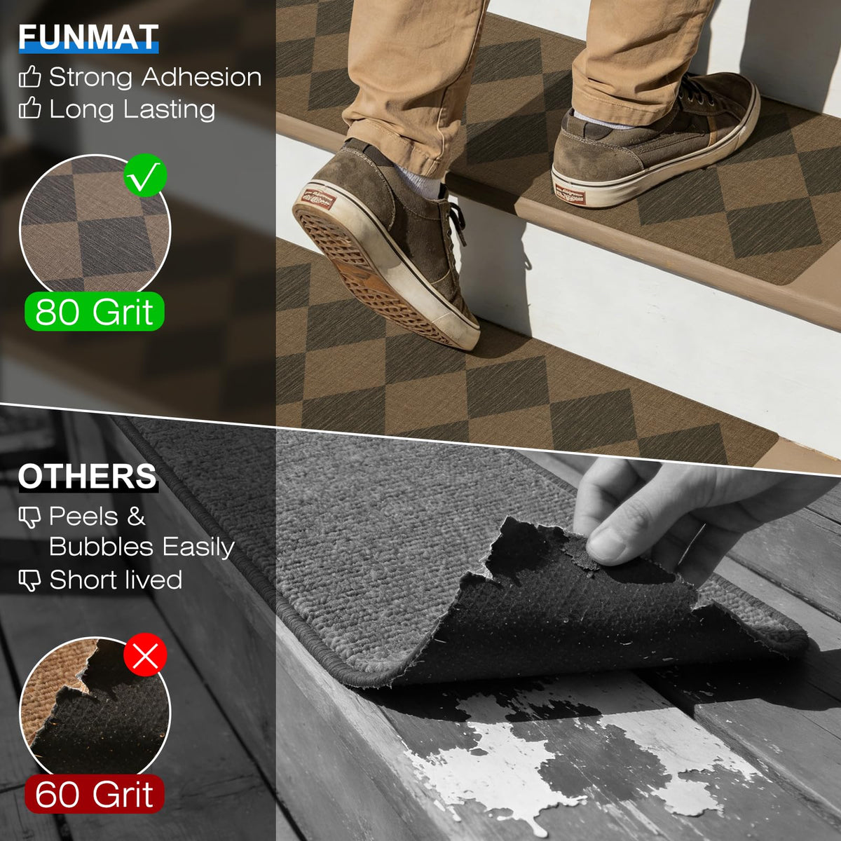 Outdoor Stair Treads Non-Slip, 8” x 30” - 10-Pack Weather Resistant Grip Tape for Wooden Steps, Waterproof & Anti Skid Strips, 80-Grit Adhesive Step Treads, Mocha Mocha/Brown 8" x 30"