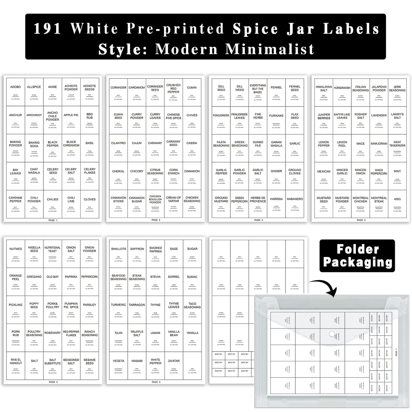 191 Spice Jar Labels Preprinted Minimalist Stickers - White Waterproof Label - Fit Round or Rectangle Spice Jars - Herb Seasoning Kitchen Pantry Labels 191 Spice Labels(no Jars)