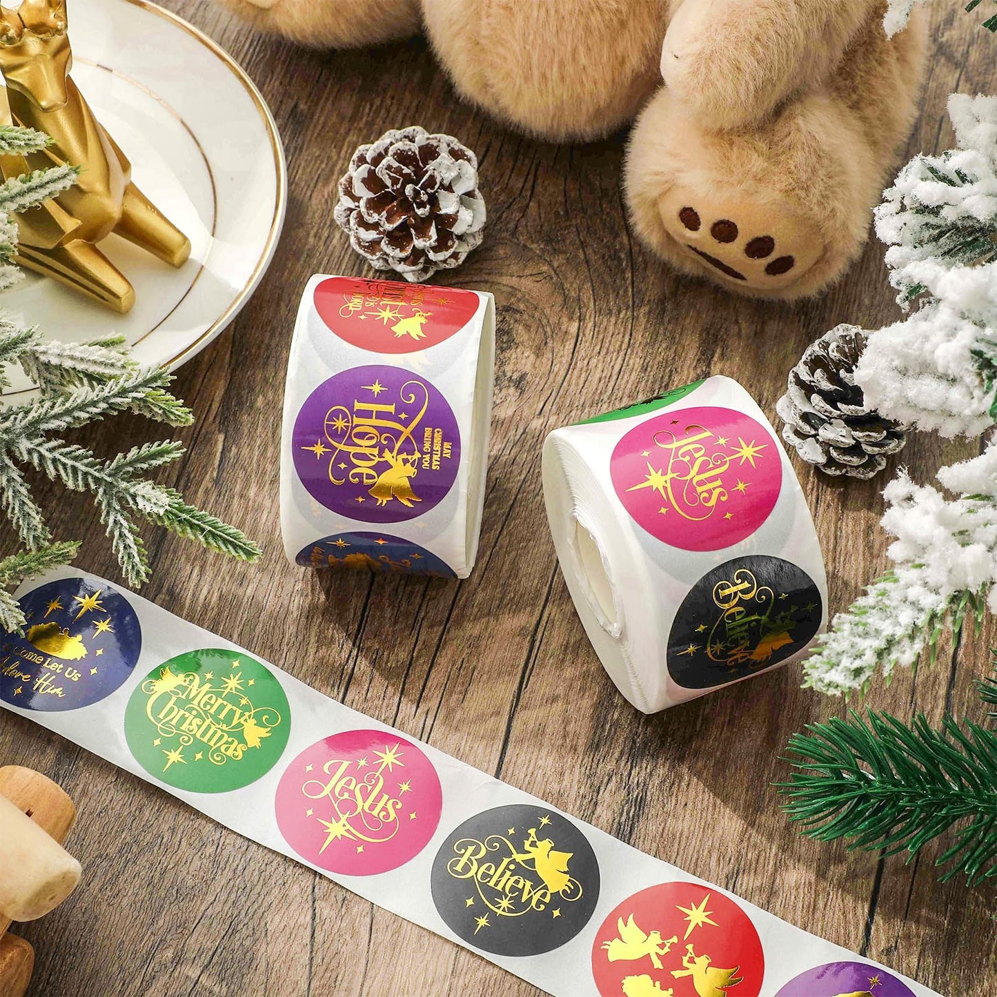 1000Pcs Gold Foil Christmas Nativity Stickers Roll Self-Adhesive Xmas Holy Night Label Stickers Decal for Holiday Party Favor Decor, 12 Designs