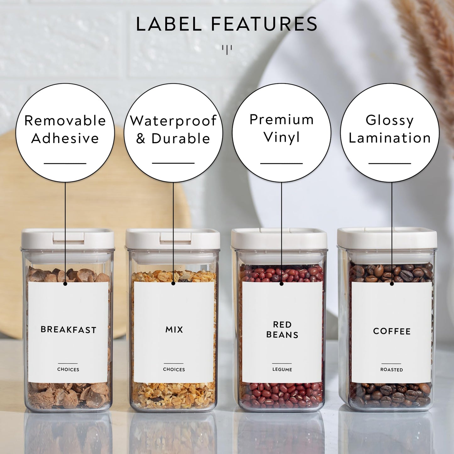 351 Ultimate Pantry Label Set, Black Text on White Vinyl Waterproof Label Sticker with Removable Adhesive- Fits on round, square and rectangle jars - Organize pasta, baking, legume and grain Pantry Labels Rectangle X-Large