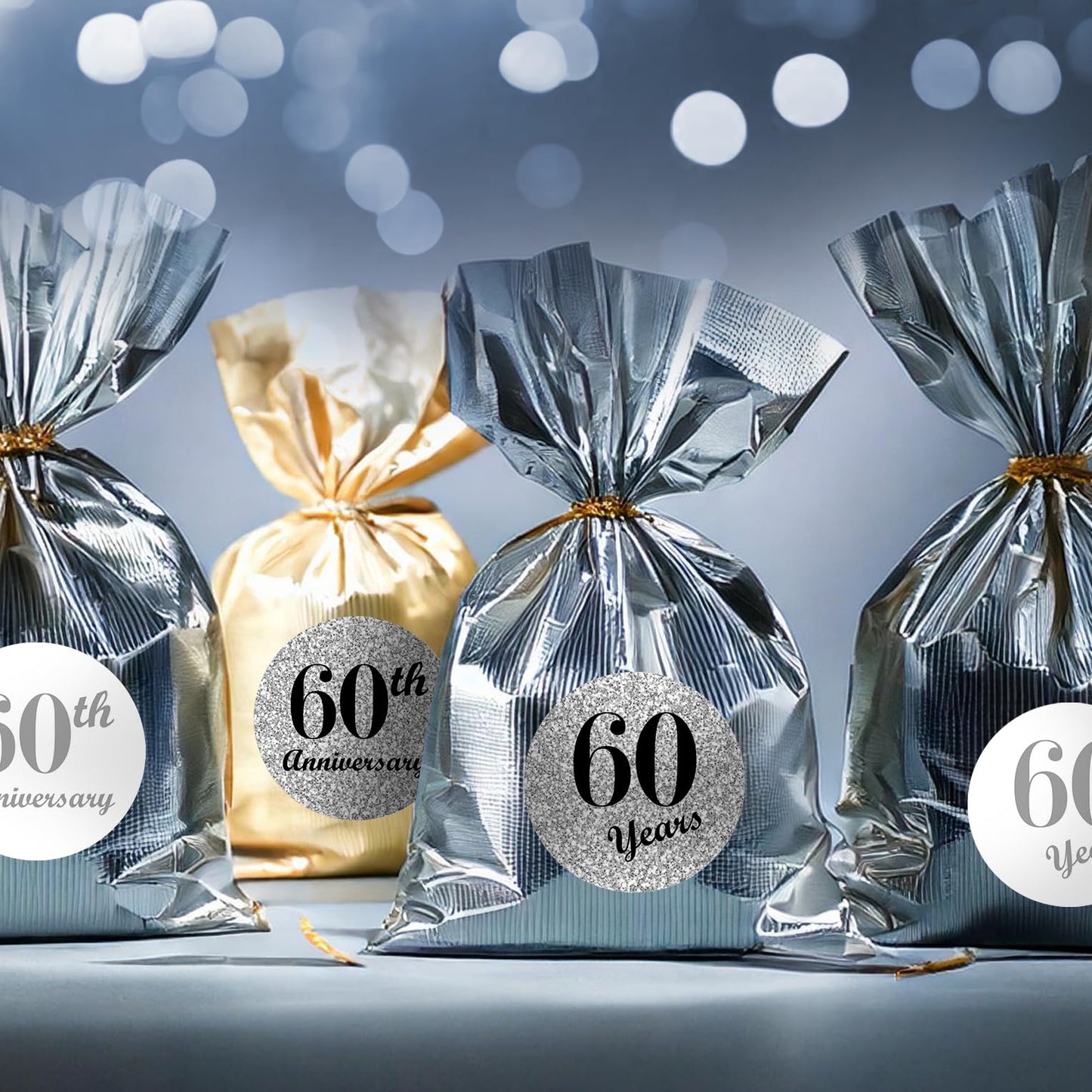 60th Anniversary Kisses Stickers, (Set of 216) Chocolate Drops Labels Stickers for 60 Wedding Anniversary, Party Favors Decor for Kisses. Made in USA