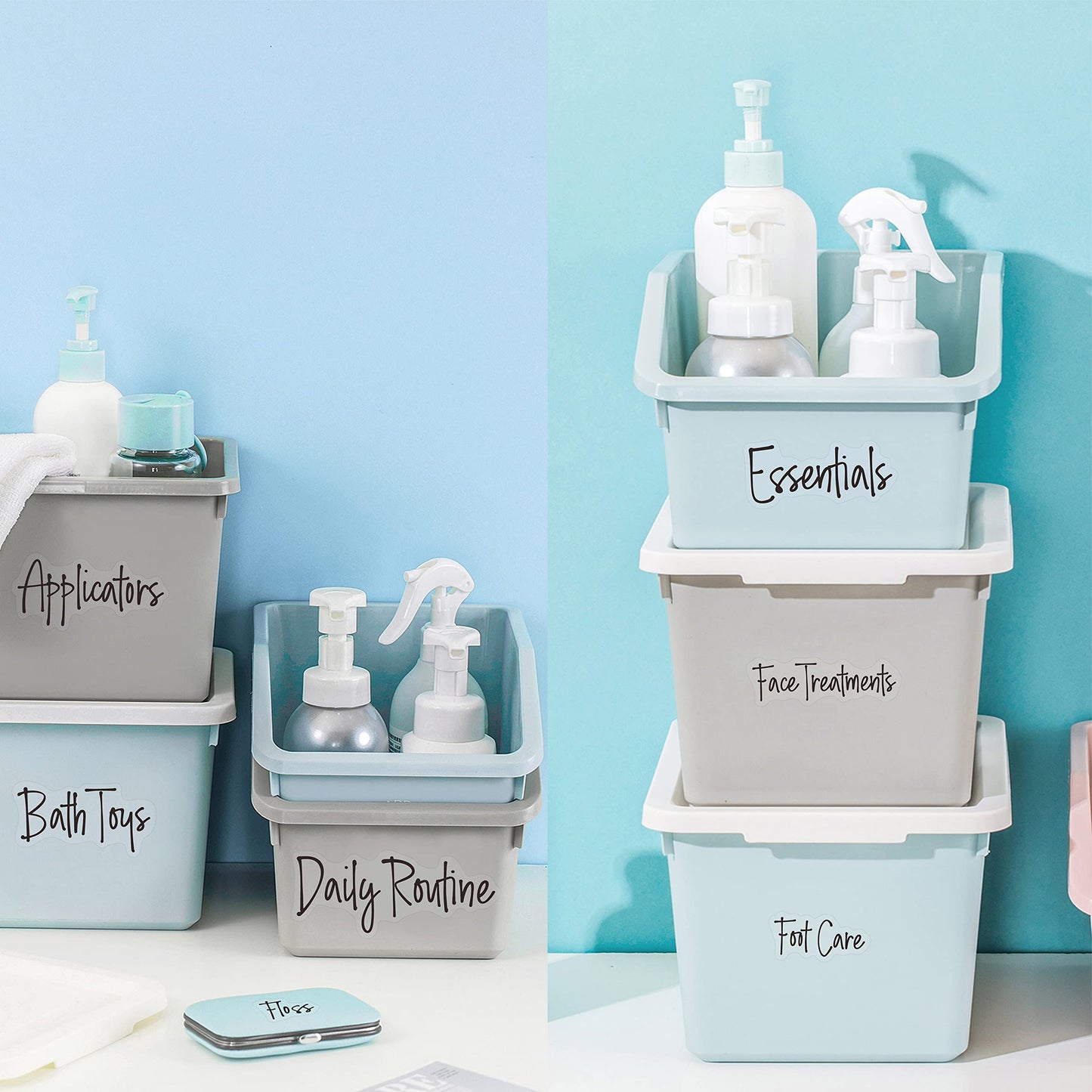 300+ Bathroom Labels, Include Over 265 Preprinted Bathroom, Beauty & Makeup Stickers and 36 Blank Ones, Waterproof/Oil/Tear Resistant No Residue Cursive Bathroom Stickers Style 3