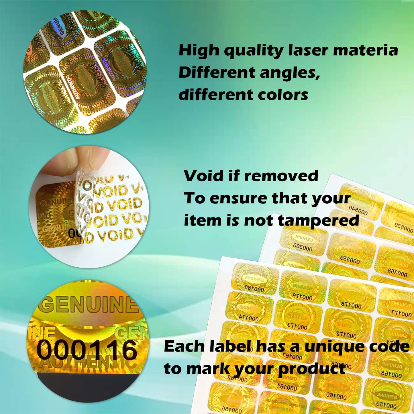 380pcs Hologram Tamper Evident Stickers Security Sticker Warranty Void Seal Tamper Proof Labels Stickers with Unique Sequential Serial Numbering (Gold,1 X 0.6 Inch,GQYH) Gold