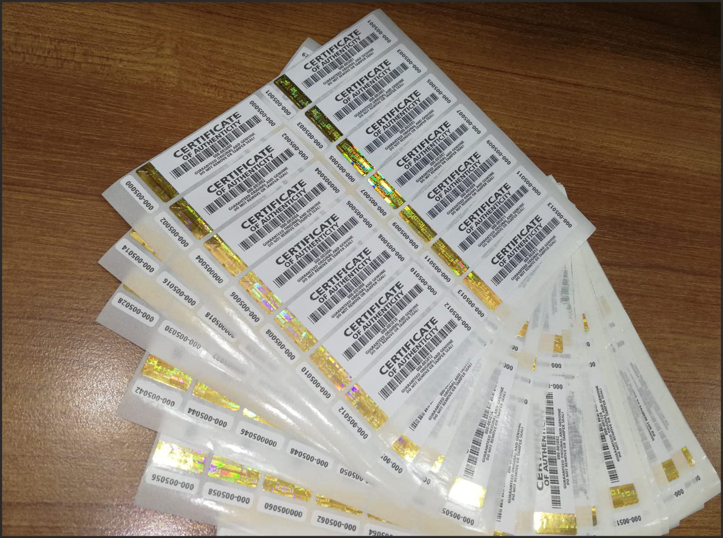 250 pcs High Security Certificate of Authenticity Labels Security Stickers with Golden Hologram Stripe, UV Security Feature and Extra Label with Serial Number 2.75 x 0.78 inch