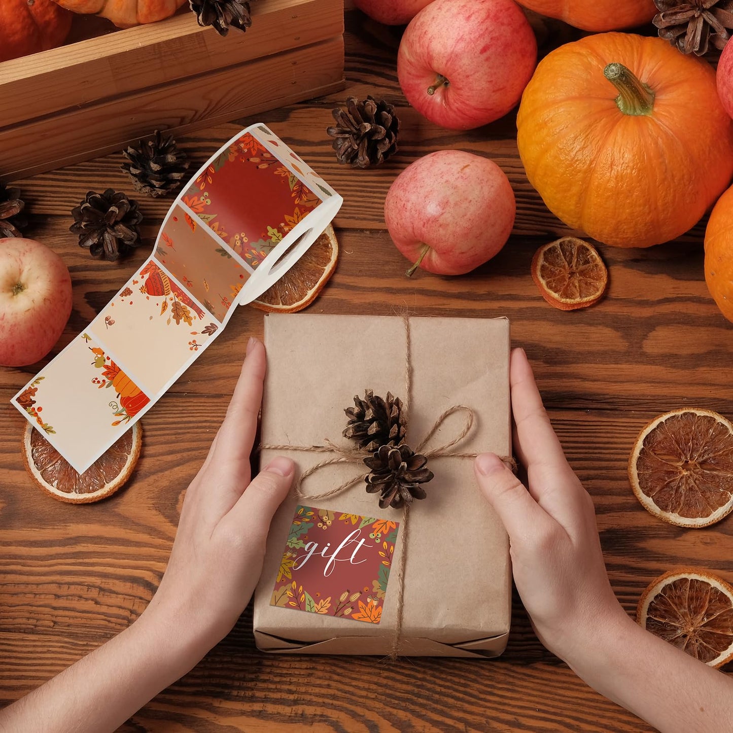 2 in Square Name Tag Thermal Labels - Autumn Sticker Paper - Harvest Fall Maple Leaves Pumpkins Mushrooms - Waterproof Scratch-Resistant DIY Thermal Printer Paper - Barcode Label - 5 Styles Autumn 1