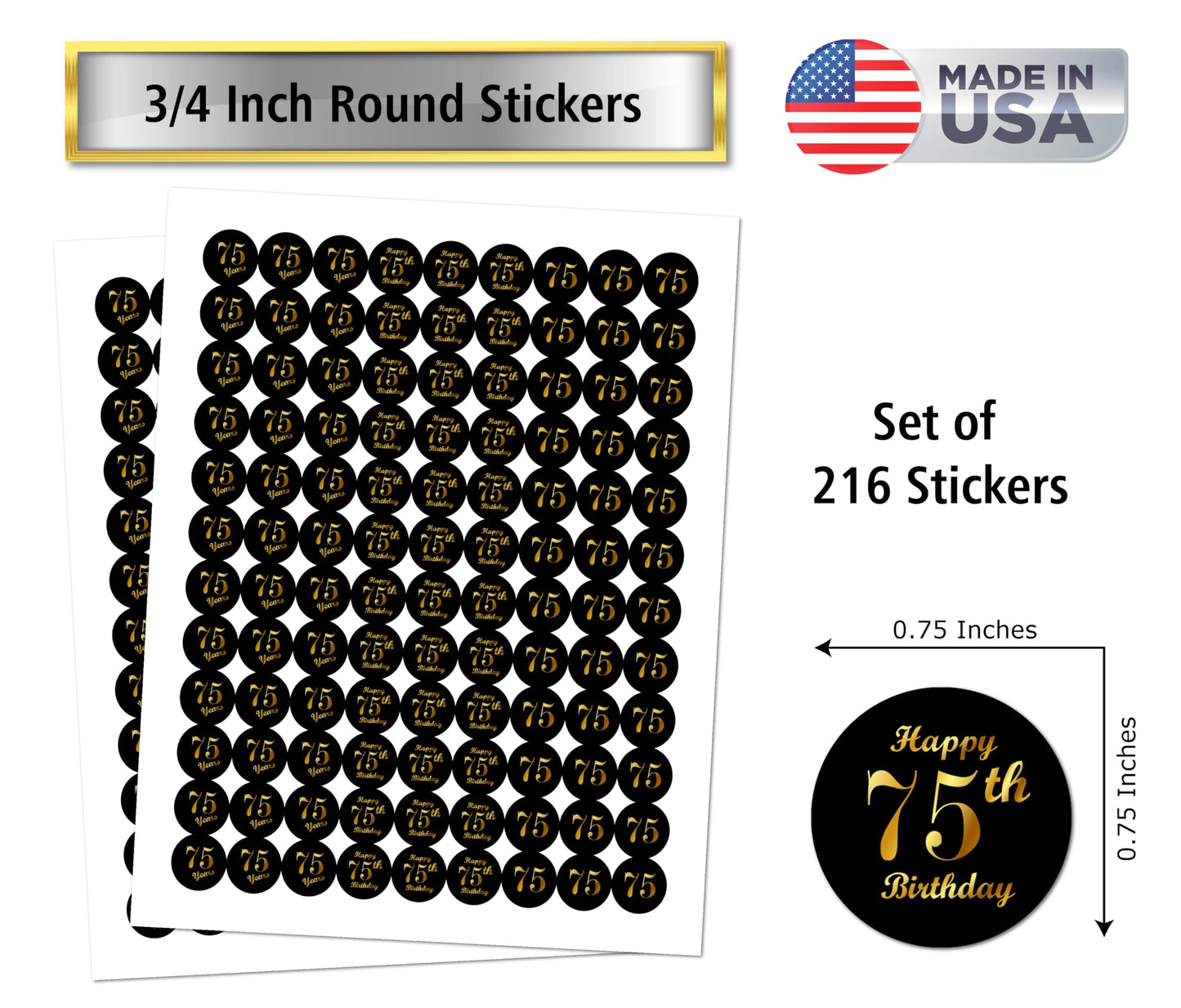 75th Birthday Black Kisses Stickers, (Set of 216) Chocolate Drops Labels Stickers for 75 Birthday, Party Favors Decor for Kisses. Made in USA,