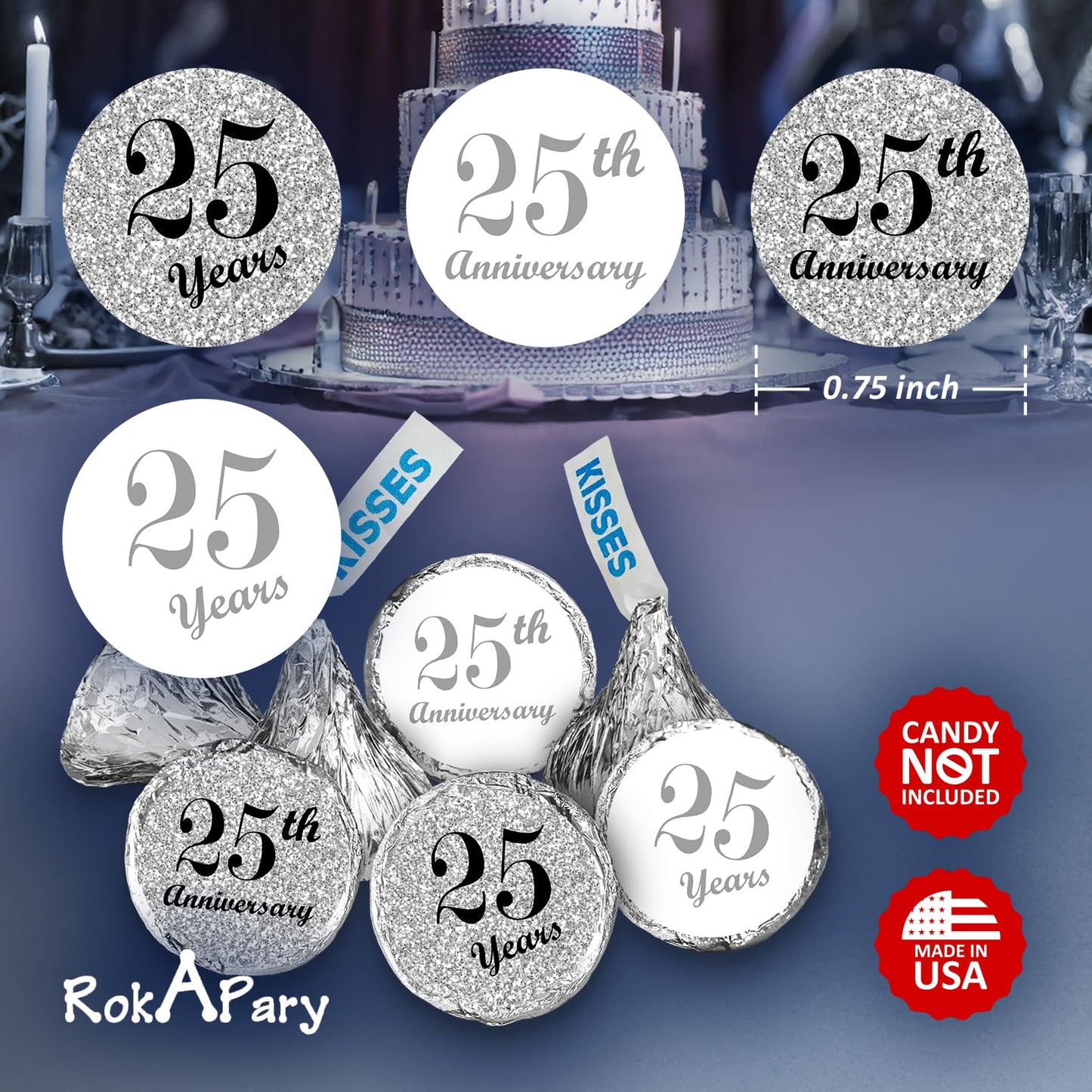 25th Anniversary Kisses Stickers, (Set of 216) Chocolate Drops Labels Stickers for 25th Wedding Anniversary, Party Favors Decor for Kisses. Made in USA