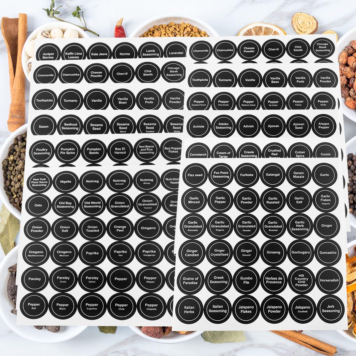 Spice Labels, 432Pcs Spice Labels Stickers 1.4in Waterproof Adhesive Round Preprinted Spice with Blank Labels Black Tear Resistant Sticker for Kitchen Jars Caps Food Containers Spice Organizers 12 Sheets