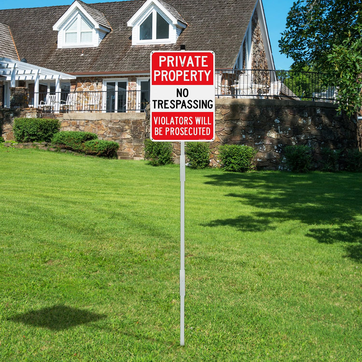T&R Large Private Property No Trespassing Sign with 54" Stake for Outside - 2 Pack - 14"x10" .040 Rust Free Aluminum, Reflective, Waterproof, Weatherproof and Fade Resistant, 6 pre-drilled holes,Includes Matching Screws & Wrench, Easy to Mount