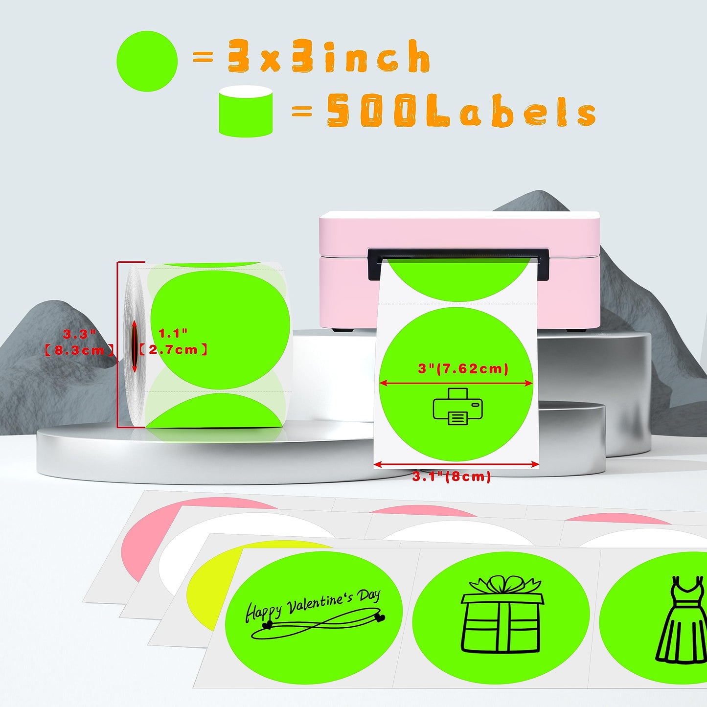 PARLAIM 3 Inch Circle Thermal Sticker, Self-Adhesive Round Inventory Multi-Purpose Roll of 500 Thermal Labels for Business (Fluorescent Green) Fluorescent Green