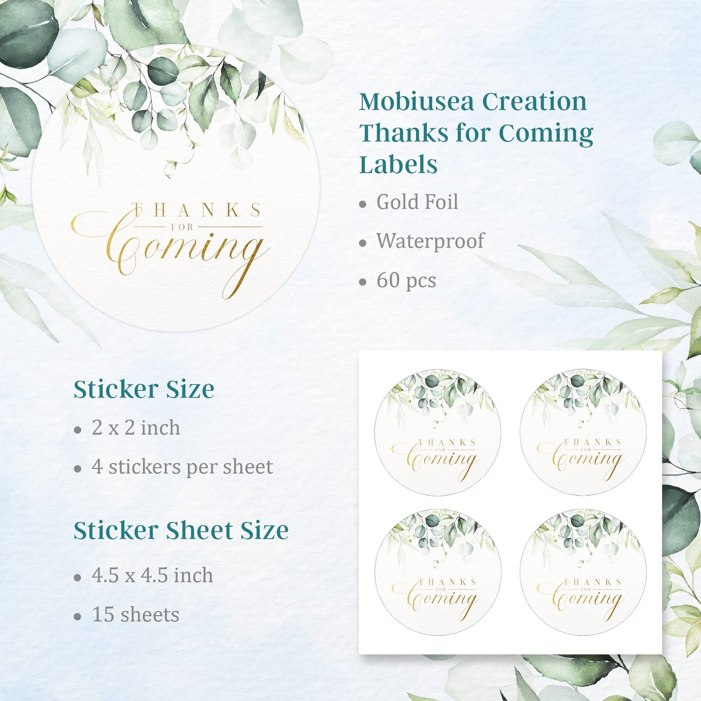 Mobiusea Creation Thank You for Coming Stickers | 2 inch | Gold Foil | 60pcs Waterproof Greenery Thank You Stickers Wedding Labels for Wedding, Bridal Shower, Birthday, Baby Shower, Party Gift Bags