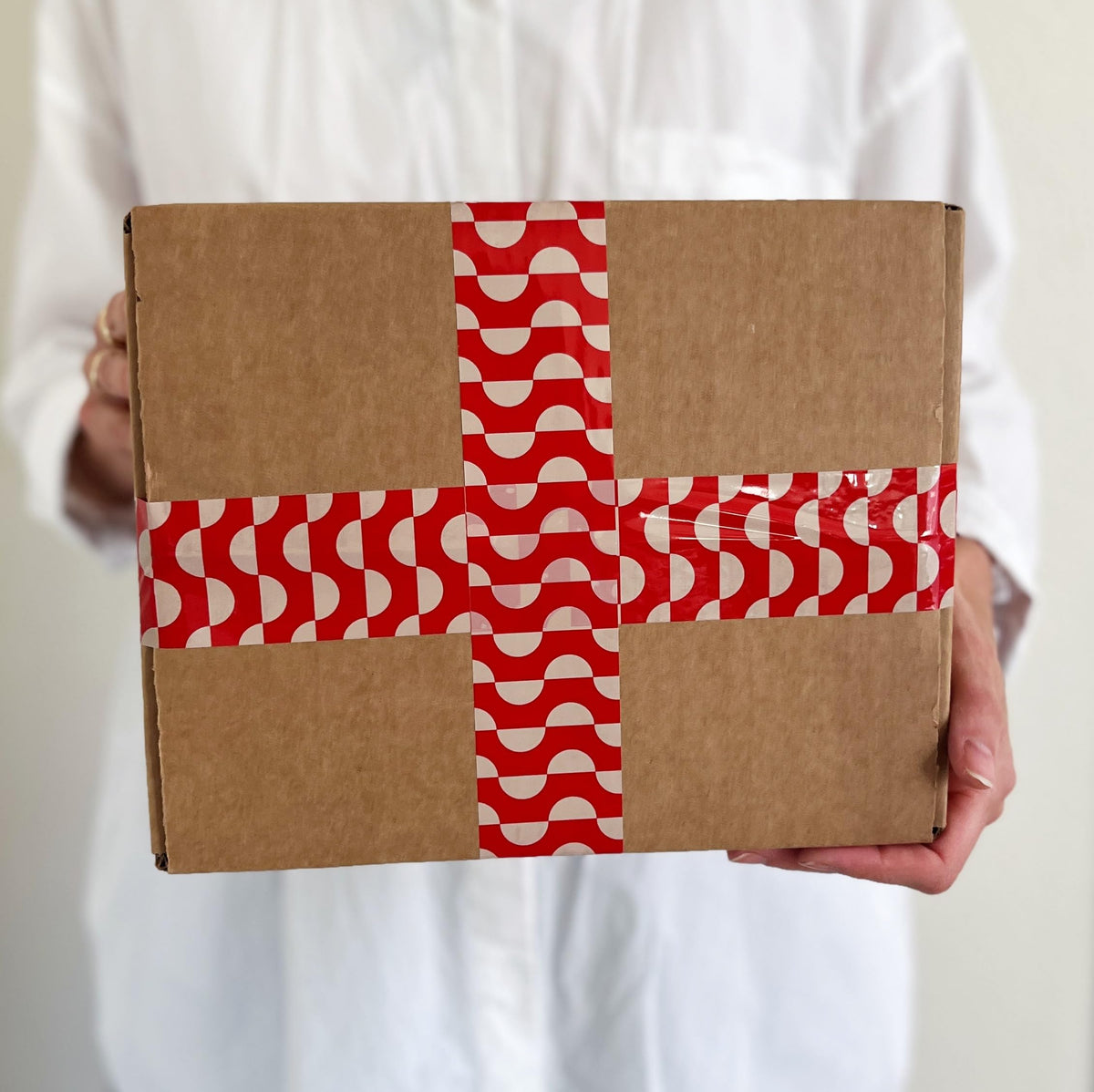 Printed Decorative Packing Tape for Small Business, Cute Designer Printed Packaging Tape, Shipping and Mailing, Red and Cream Geometric Wave Pattern, 1.88" x 110 Yards (330 feet) Geometric Wave Pattern - Cream/Red