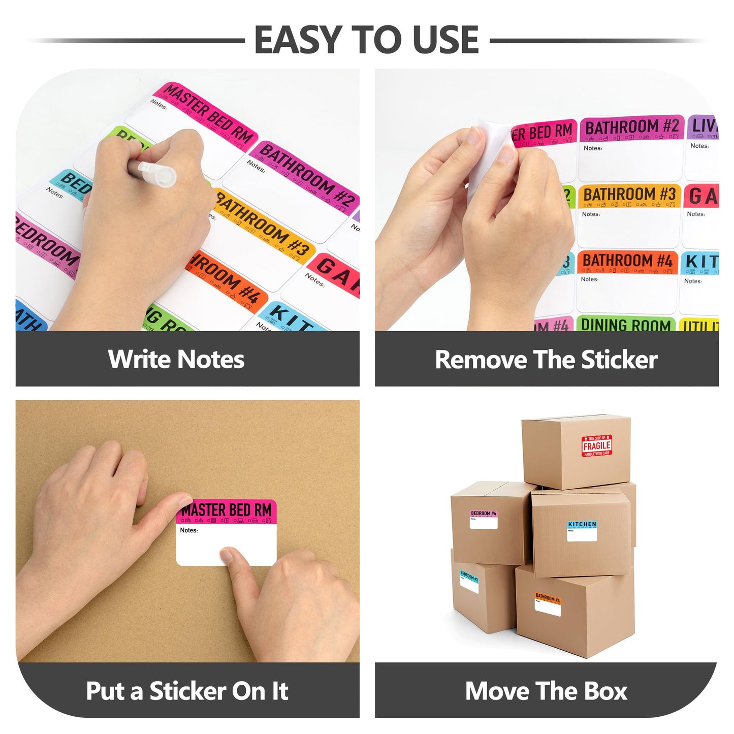 300 Pcs Moving Packing Box Labels 2” x 3” with Writable Notes Areas, 20 Designs Pre-Printed Color-Coded Home Moving Sticker Including Fragile & Customizable Blanks (Large, Count, 15) (Black) Black