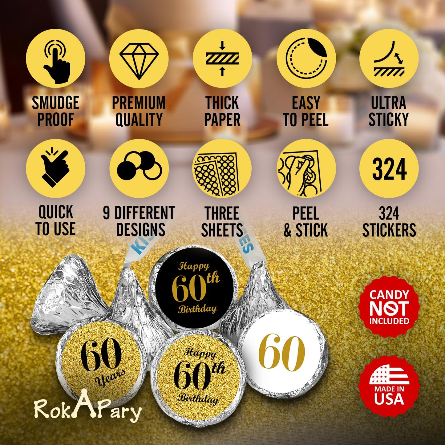 60th Birthday Kisses Stickers, (Set of 324) Chocolate Drops Labels Stickers for 60th Birthday, Party Favors Decor for Hershey's Kisses. Made in USA, 9 Designs (36 Stickers of Each)