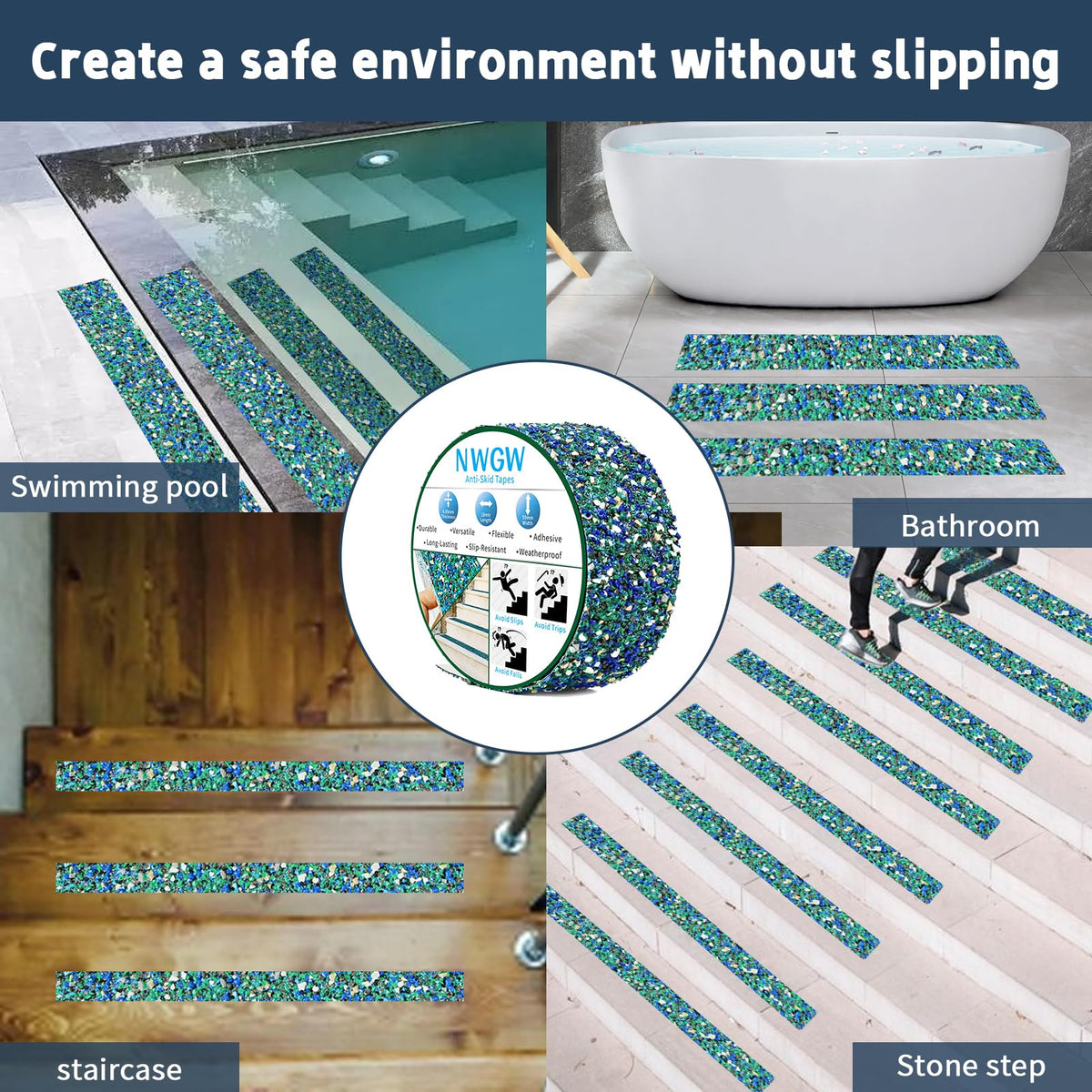 Waterproof Tape for Pools, 2" x15FT Heavy Duty Anti Slip Stair Treads Outdoor Tape Non-Slip Rubber Grip Tape Shower Strips Slip Resistant Tape Traction Tape for Stairs Showers Bathroom Trails 2 IN Blue & Purple