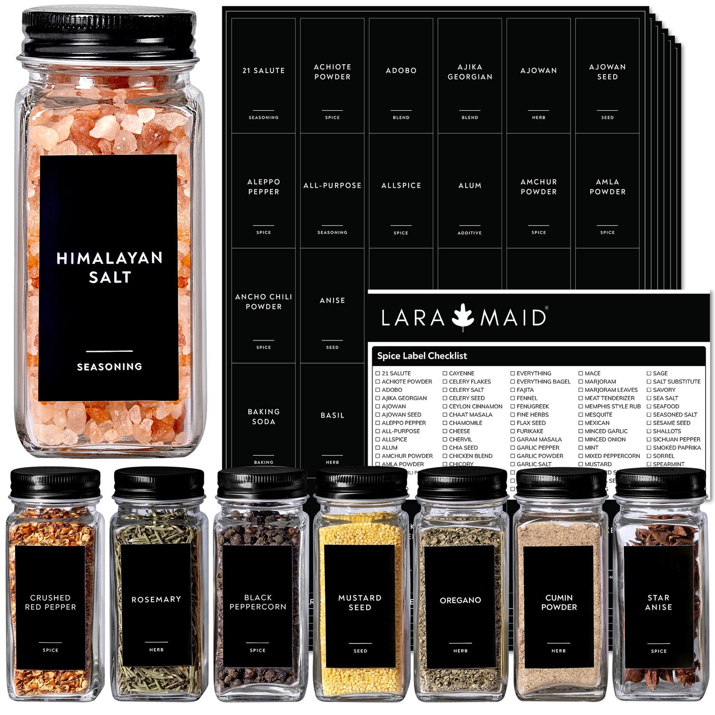 304 Minimalist Spice Label Set, White Text on Black Vinyl Waterproof Label Sticker with Removable Adhesive - Fits on Round, Square and Rectangle Jars - Organize Spice, Herb and Seasonings Spice Labels