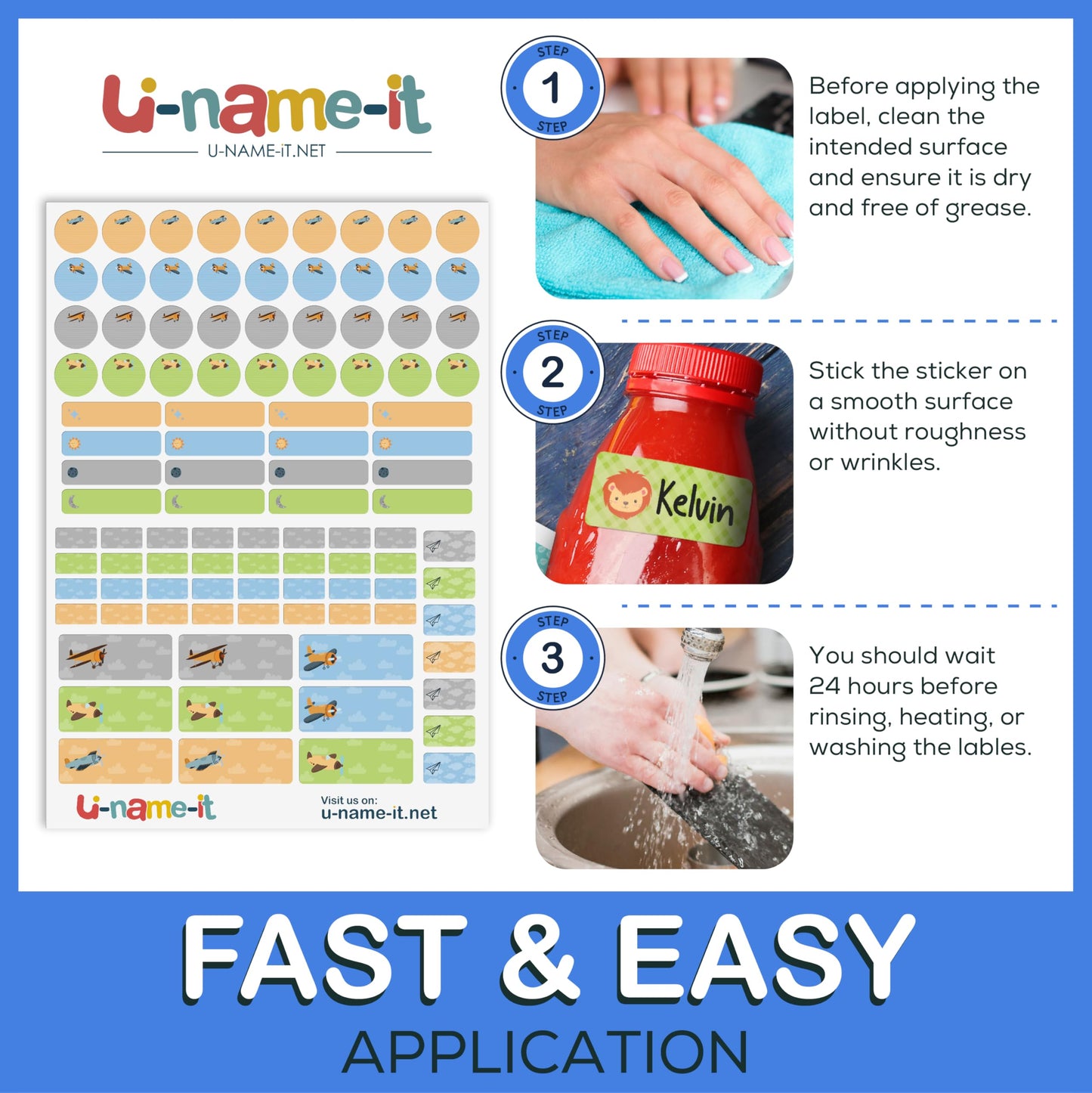 U-Name-It Self-Writing Name Stickers: 100 Personalized Waterproof Labels for Kids, Dishwasher & Microwave Safe, Name Stickers for Daycare, Bottles, School, and Camp, (Airplane)