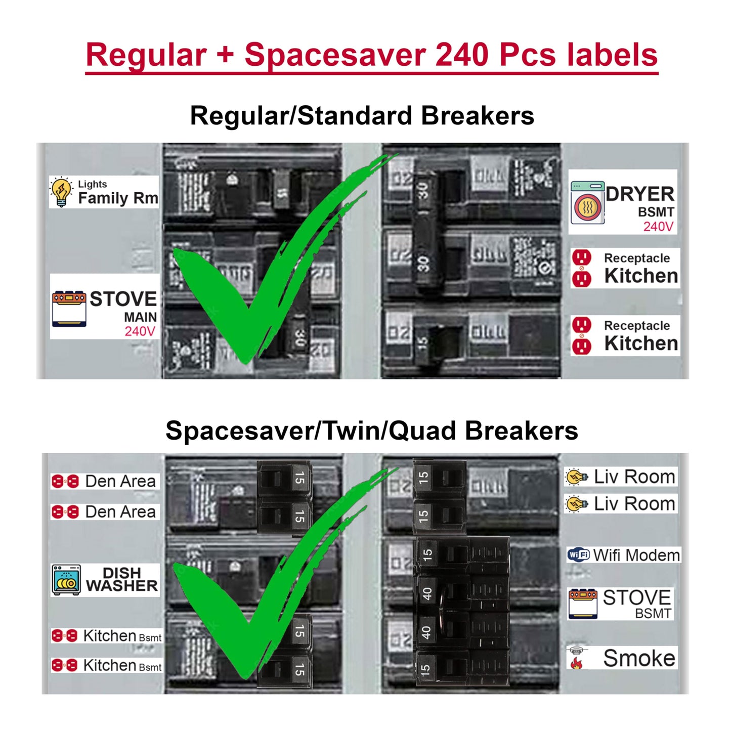 240 Pcs Circuit Identification Labels Markers Stickers Decals with Icons (Regular + Spacesaver 240 Pcs)