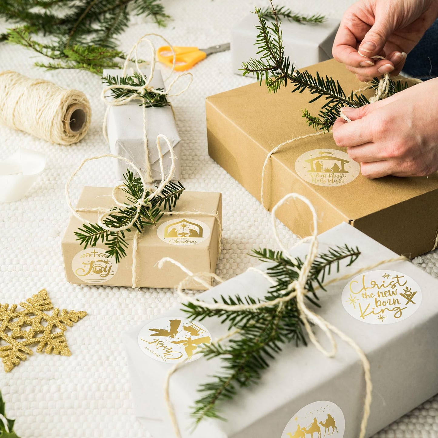 AnyDesign 1000Pcs Clear Christmas Stickers Roll Gold Foil Nativity Scene Stickers Xmas Winter Holiday Round Adhesive Label Stickers Decal for Xmas Envelopes Invitations Cards Gifts Decor, 6 Designs