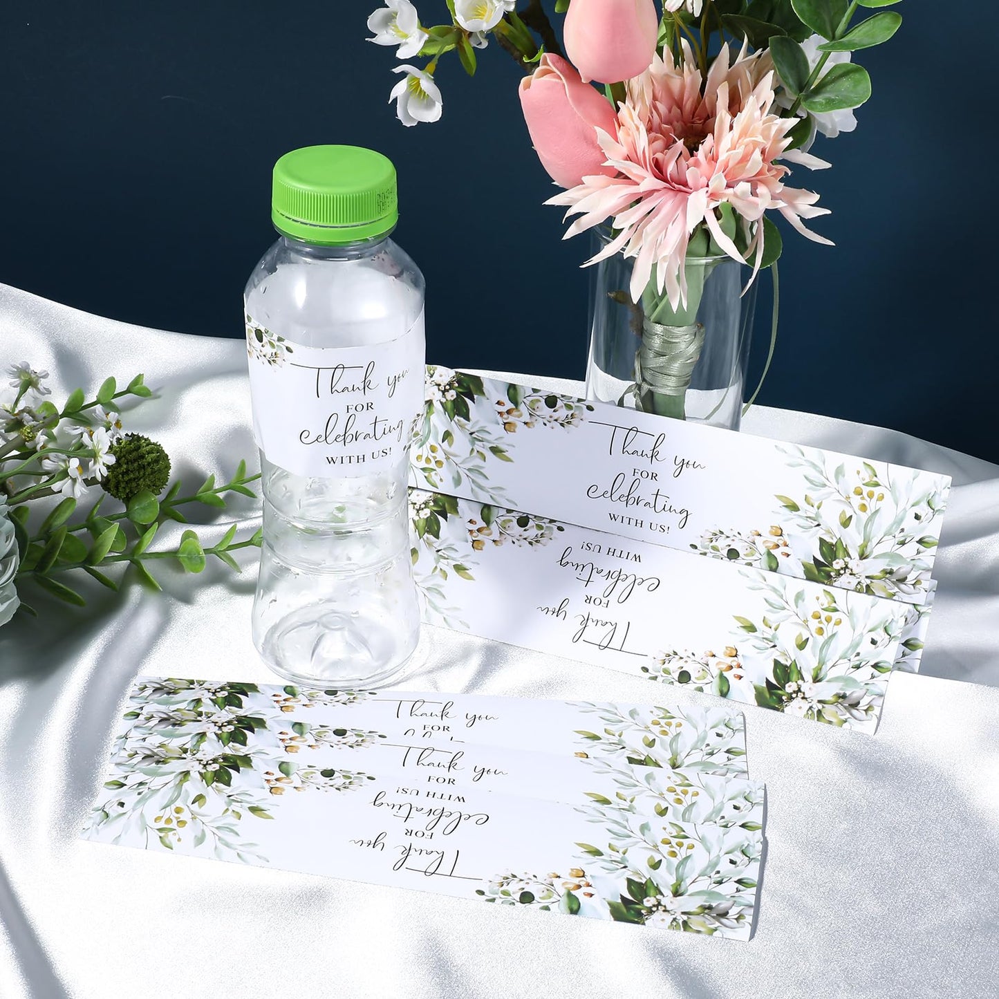 50pcs Wedding Water Bottle Labels Thank You Cards Flower Leaves Water Bottle Wraps Sticker Decorative Waterproof Bottle Wraps Rectangle Label for Bridal Shower Birthday Party Favors Celebration
