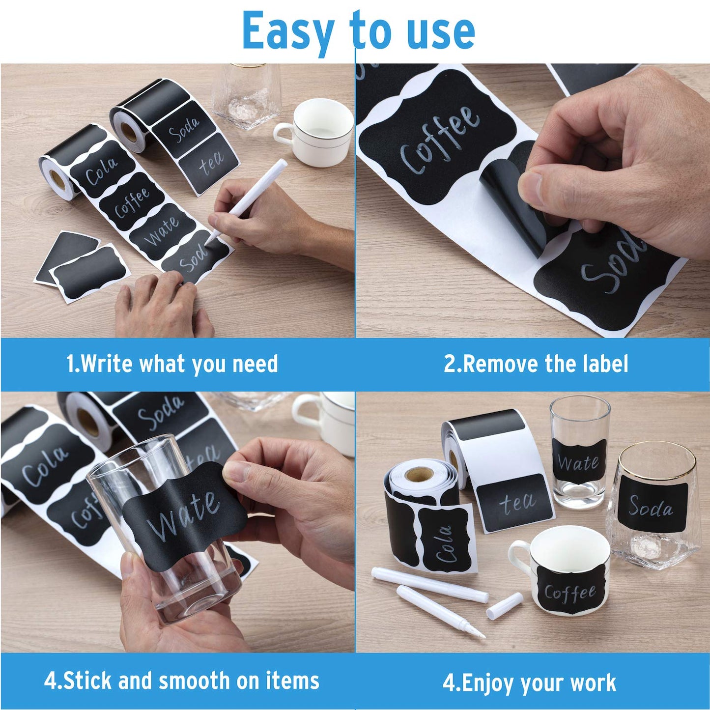 MOTYAWN Chalkboard Labels - Waterproof Blackboard Reusable Sticker Label with 2 Free Erasable Chalk Pen, 158 Pcs Removable Sticker for Mason Jars, Bottle, Craft Rooms, Pantry, Store and Decoration 1 Wavy Sticker