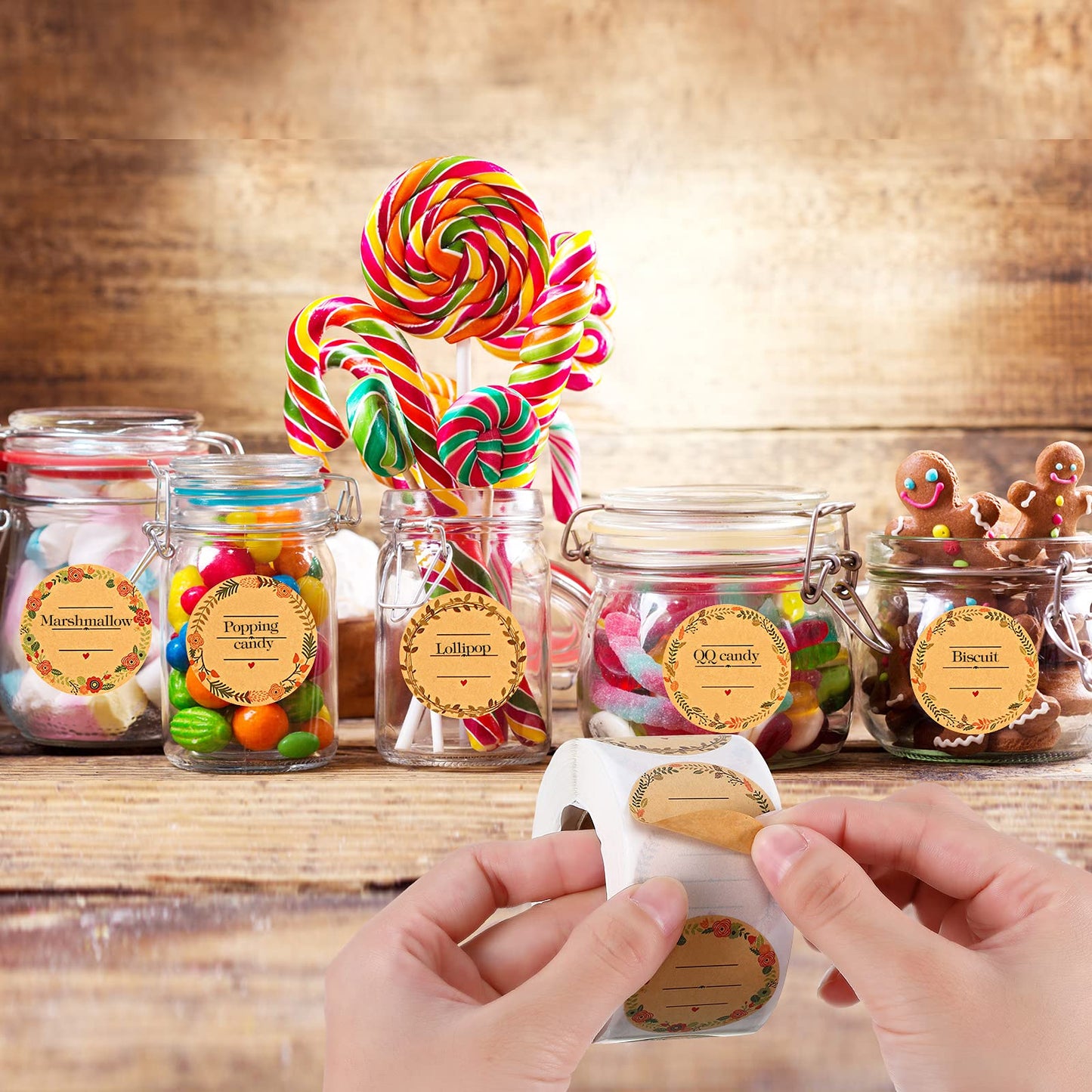 1000 Pieces Canning Jar Labels Stickers 1.5 Inch Natural Kraft Stickers Wreath Pattern with 3 Lines for Writing Round Canning Labels Jar Crafts