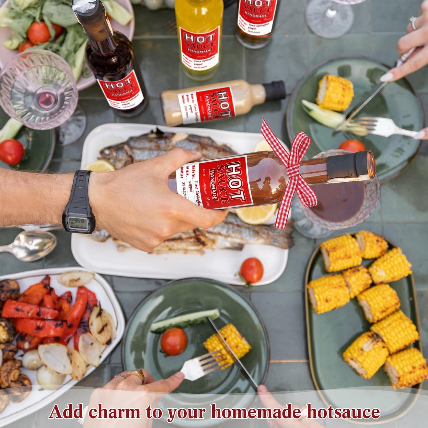 Hot Sauce Labels Spicy Sauce Stickers 3 x 2 Inch Homemade Hot Sauce Labels Bottle Labels with Ribbon and Rope for 4 oz or 8 oz Bottles for Personalized Gifts(Red,Classic) Red Classic