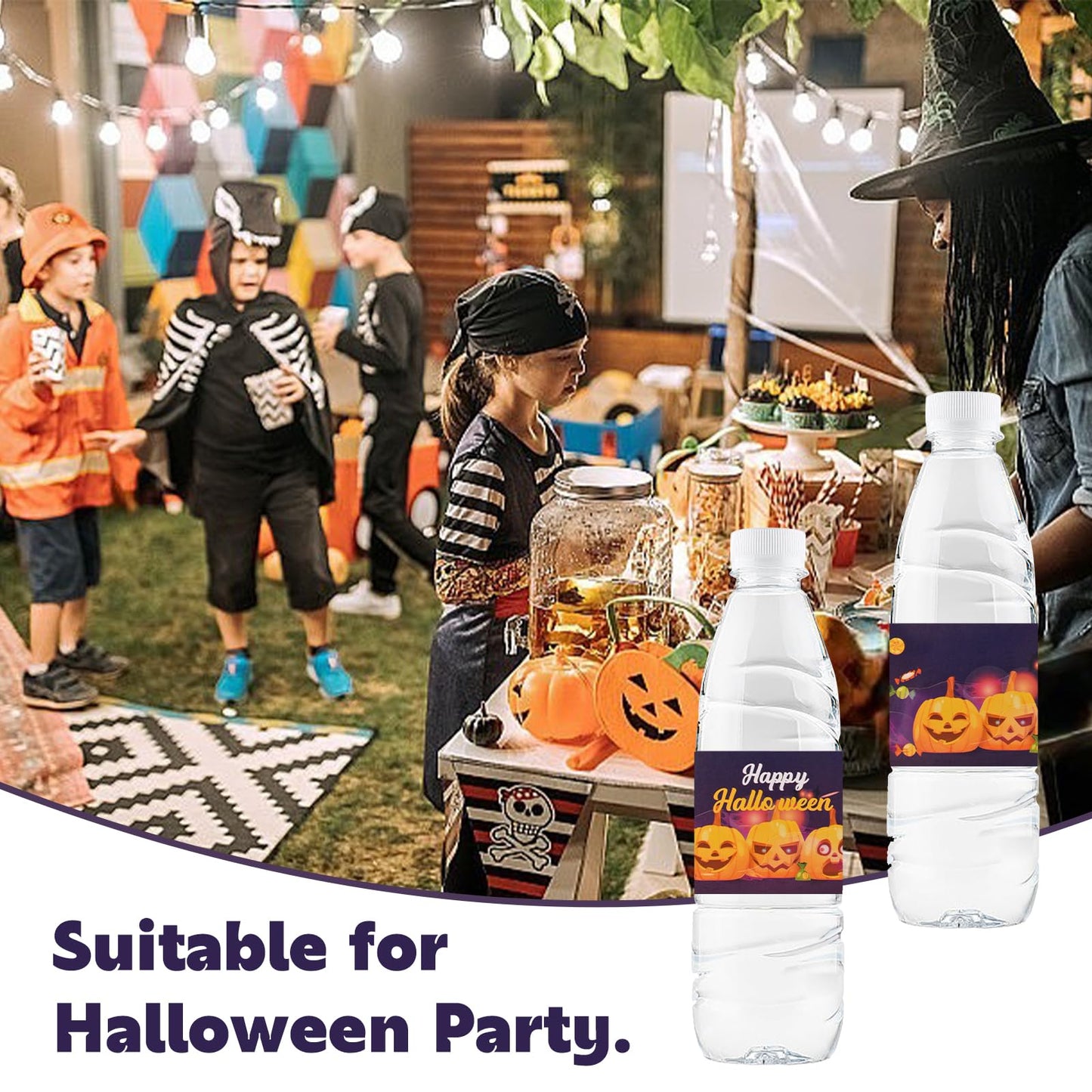 Happy Halloween Water Bottle Labels, 50Pcs Pumpkin Halloween Wraps Sticker Halloween Labels for Party Halloween Drinking Water Bottle Label Purple