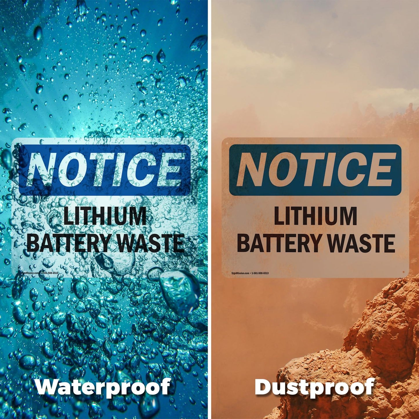 (2 Pack) Lithium Battery Waste OSHA Notice Sign 14 Inch X 10 Inch Vinyl Label Decal Sticker Weather Resistant, UV Protected for Workplace, Business, and Construction Site, Made in the USA