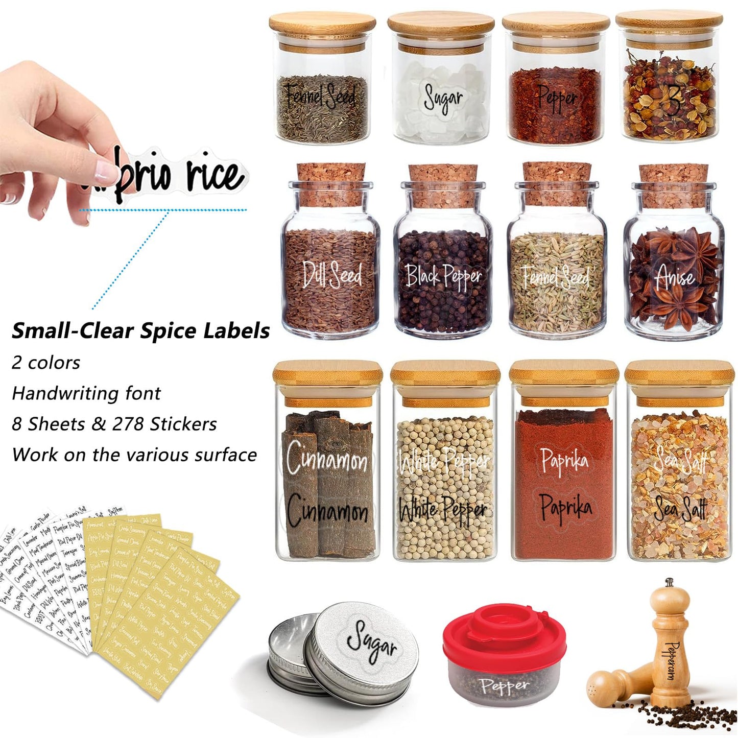 278 Pcs Clear Spice Labels Stickers Preprinted Waterproof,Small-Stickable -Removable,139 Black+139 White Handwriting Letters, Work on Salt Pepper Seasoning Jars