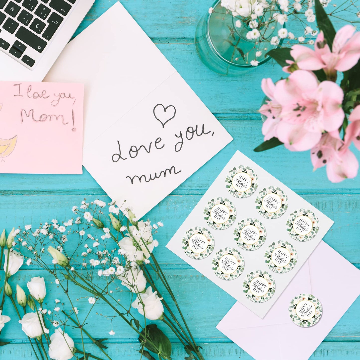 Mobiusea Creation Mothers Day Stickers | 90-Pack Stickers for Mom's Gifts and Mom's Card | 1.4 inch | Gold Foil | Happy Mother's Day Sticker | Greenery Floral Happy Mother's Day Labels