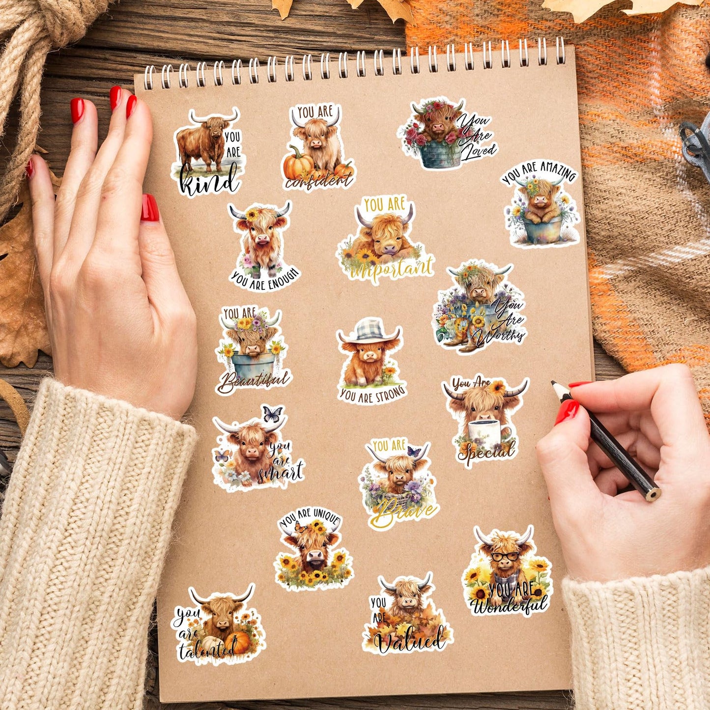 AnyDesign 480Pcs Highland Cow Stickers Inspirational Cute Cow Label Stickers Motivational Animal Paper Decals for Water Bottles Laptop Scrapbook Decor, 16 Styles