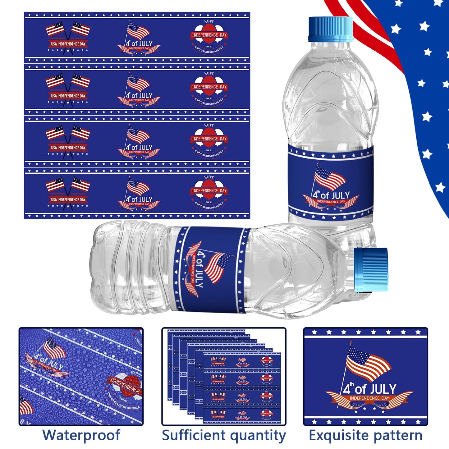 120PCS 4th of July Decorations Water Bottle Labels, 8.7" x 2" Fourth of July Accessories Water Labels,4th of July Stickers for American Independence Day, Labor Day