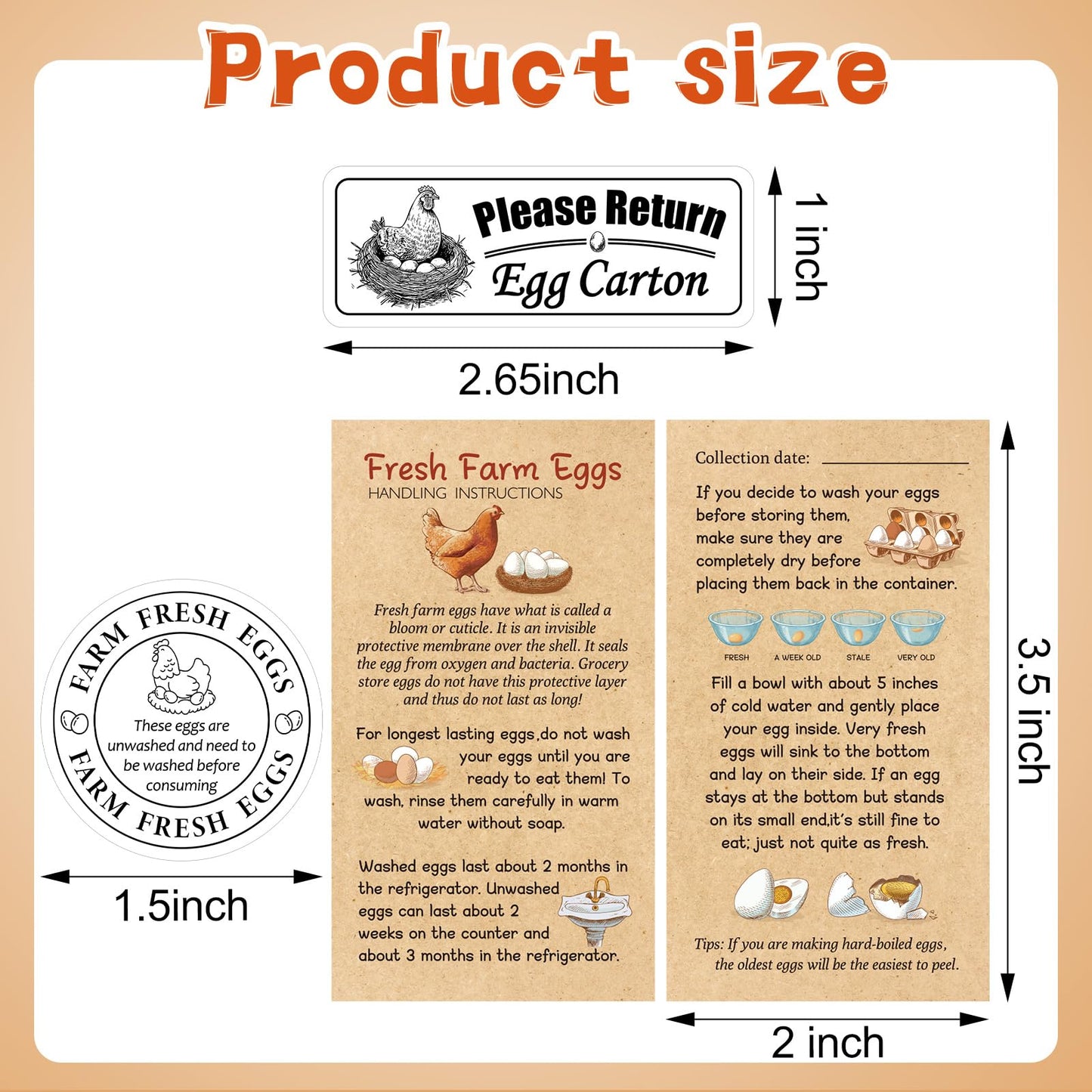 Fresh Farm Egg Packaging Set Include 500 Pcs Farm Fresh Eggs Carton Labels Roll 200 Pcs Double Sided Egg Handling Instruction Cards 500 Pcs Please Return Egg Carton Labels Stickers Roll