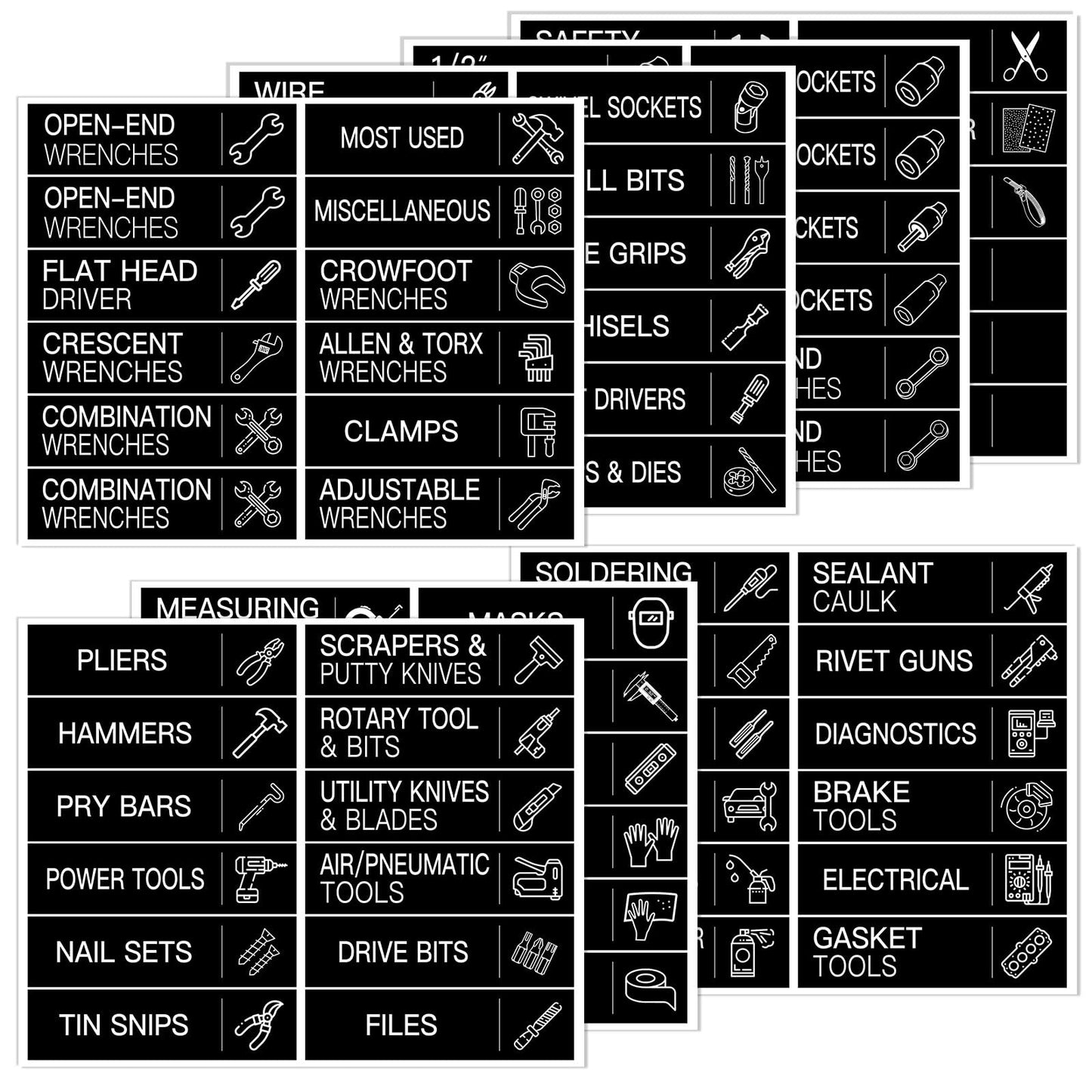 84 PCS Toolbox Organization Labels,Removable Tool Chest Label Stickers, Tool Box Accessories for Tool Box Drawers,3 x 0.79 Inches,with 6 PCS Blank Labels for DIY (Black)