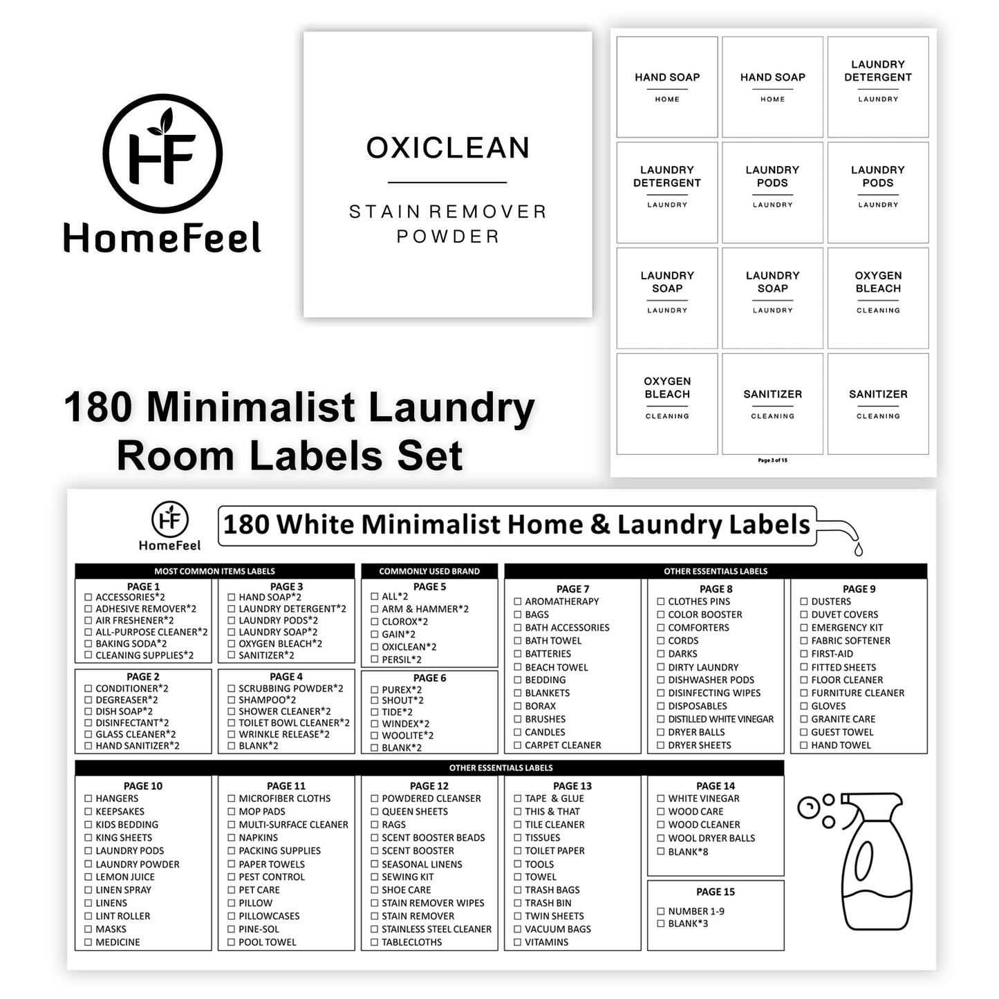 180 Minimalist Laundry Labels for Jars, Laundry Stickers for Containers, Cleaning for Laundry Room Spray Bottles and Household Organization, Waterproof and Easy to Stick and Peel White