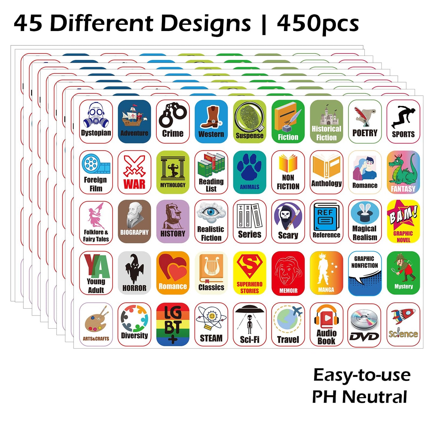45 Genre Book Spine Labels for Library | Classroom Library Classification Stickers 450pcs Genre Labels 45 Genre 1"H x 3/4"W