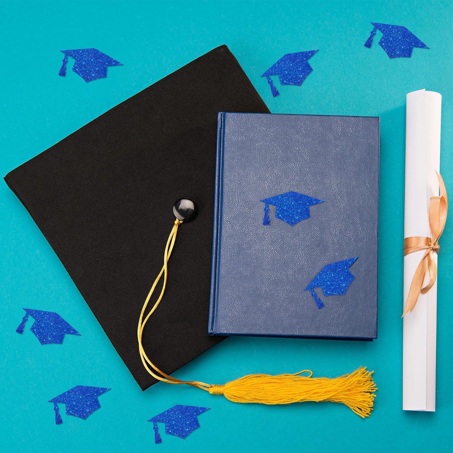 Waline Blue Graduation Cap Stickers - Laser Silver Sealing Labels, Self-Adhesive, 1.5x0.8 Inch