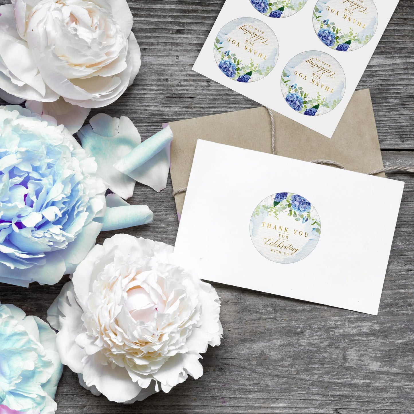 Mobiusea Creation Blue Floral Thank You for Celebrating with us Stickers | 2 inch | Gold Foil | 60pcs Waterproof Thank You Stickers Wedding Labels for Wedding, Bridal Shower, Baby Shower