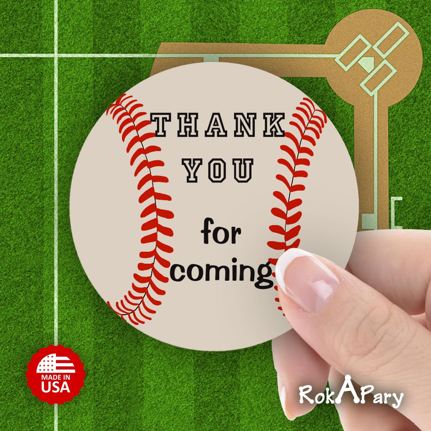 40 Thank You Baseball Labels, 2 Inch Big Round Glossy Stickers, Great Stickers for Birthday Party, Baby Shower, Wedding, Graduation, or Any Family Sports Event Decorations, Made in USA