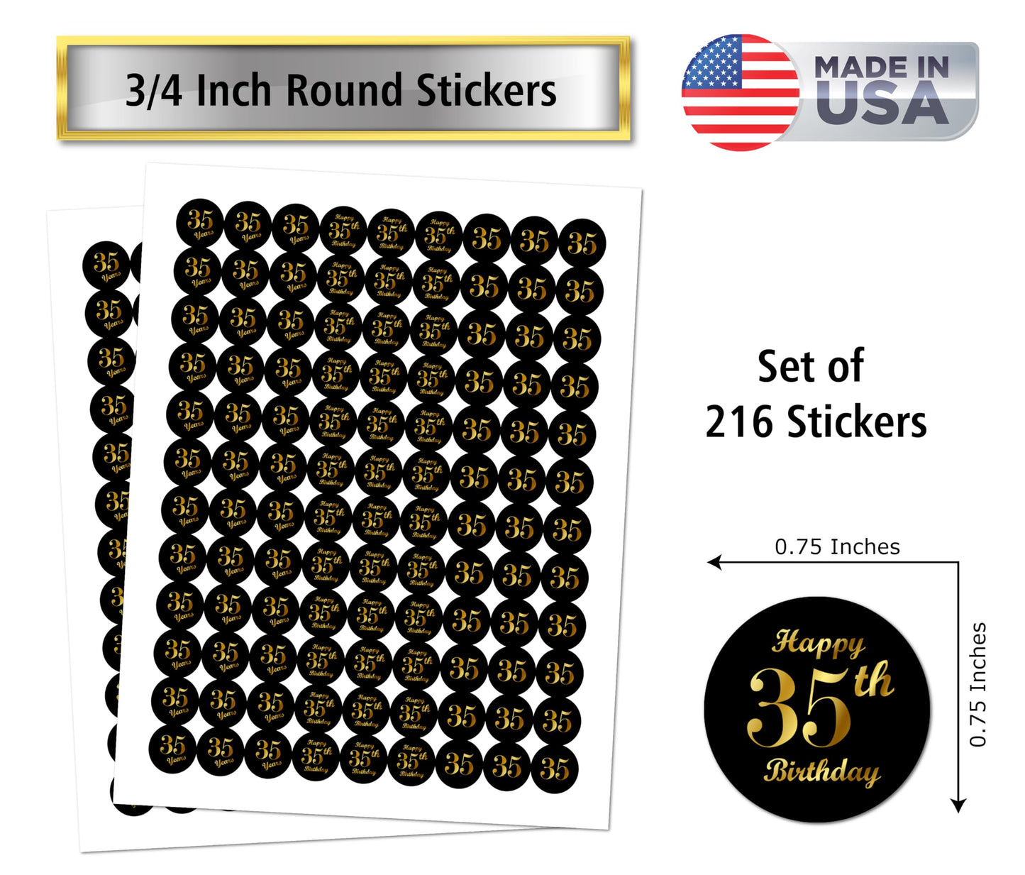 35th Birthday Black Kisses Stickers, (Set of 216) Chocolate Drops Labels Stickers for 35 Birthday, Party Favors Decor for Kisses. Made in USA,