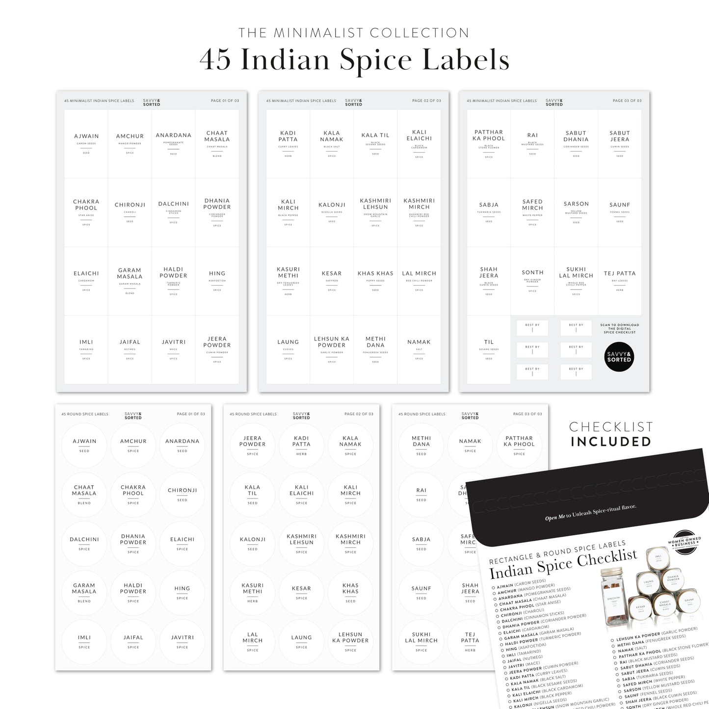 SAVVY & SORTED Spice Labels, 44 South Asian Spice Jar Stickers - Waterproof Kitchen Pantry Labels for Organizing Indian Spices Indian Spice Label