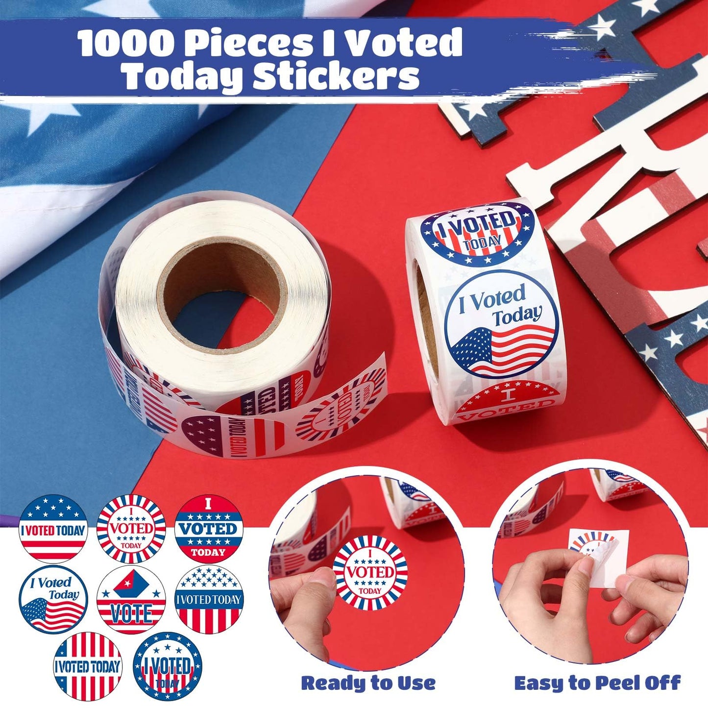 1000 Pcs I Voted Today Stickers Round Self Adhesive Labels, 500 Patriotic Stickers on a Roll, Red, White, Blue, 8 Designs for 2025 Election Day Campaigns Voting Supplies (1.5 Inch) 1.5 Inch 1000