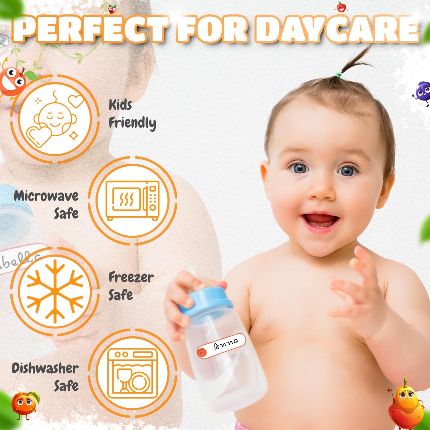 80 Premium Baby Bottle Labels - Washable and Waterproof Labels for Bottles, Toys, Food Containers - Durable, Super Adhesive, Self Laminating and Writable Daycare Bottle Label - Fruit Fiesta Theme